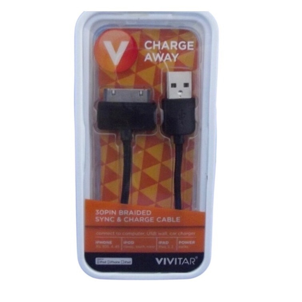 Vivitar 3ft Braided 30-Pin to USB Sync & Charge Cable Black VM11786-BLK-KM NEW
